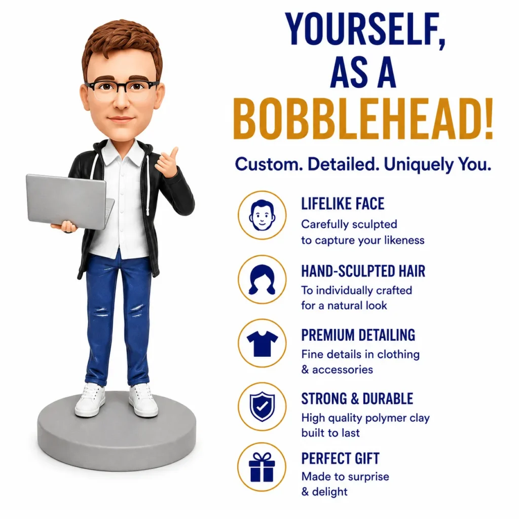 3D bobblehead figure holding a laptop beside a right-side list of customization features.