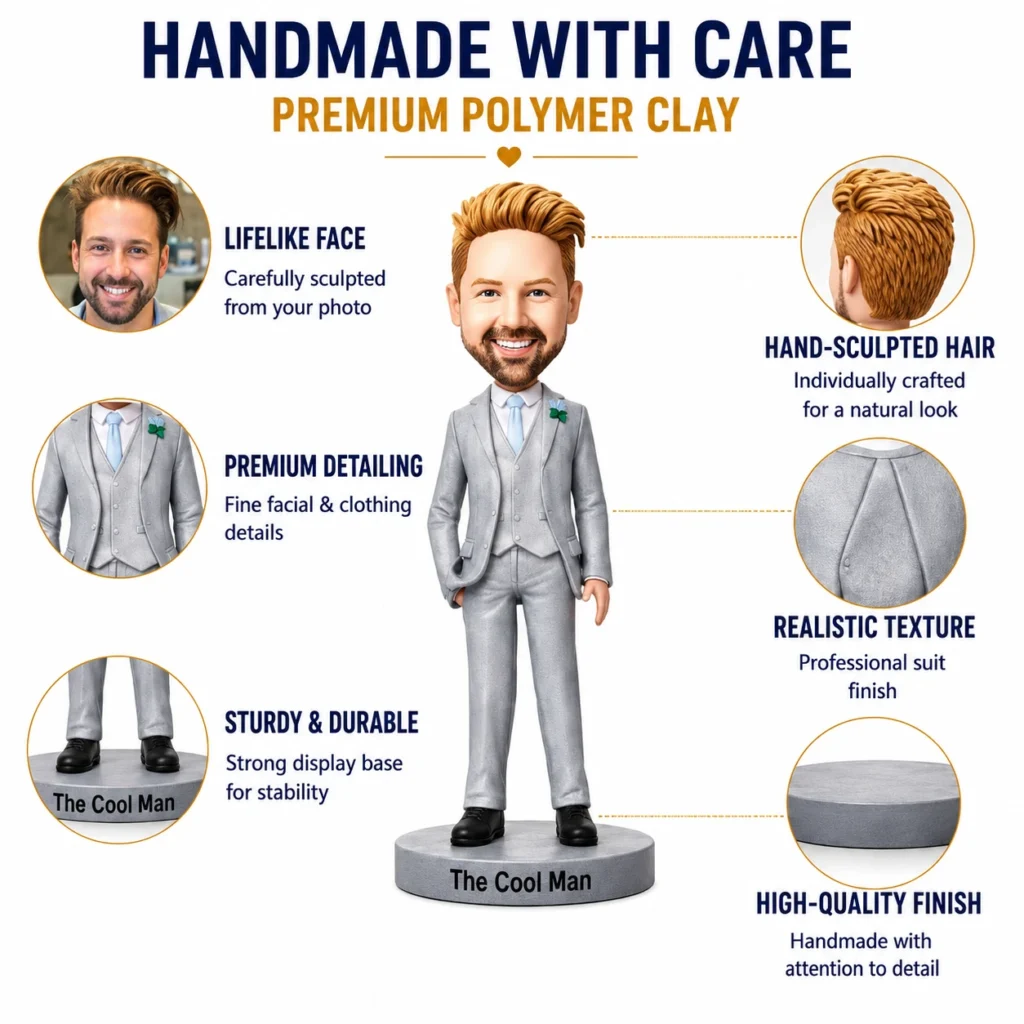 Infographic about a handmade polymer clay figure, highlighting lifelike face, hand-sculpted hair, and premium detailing.