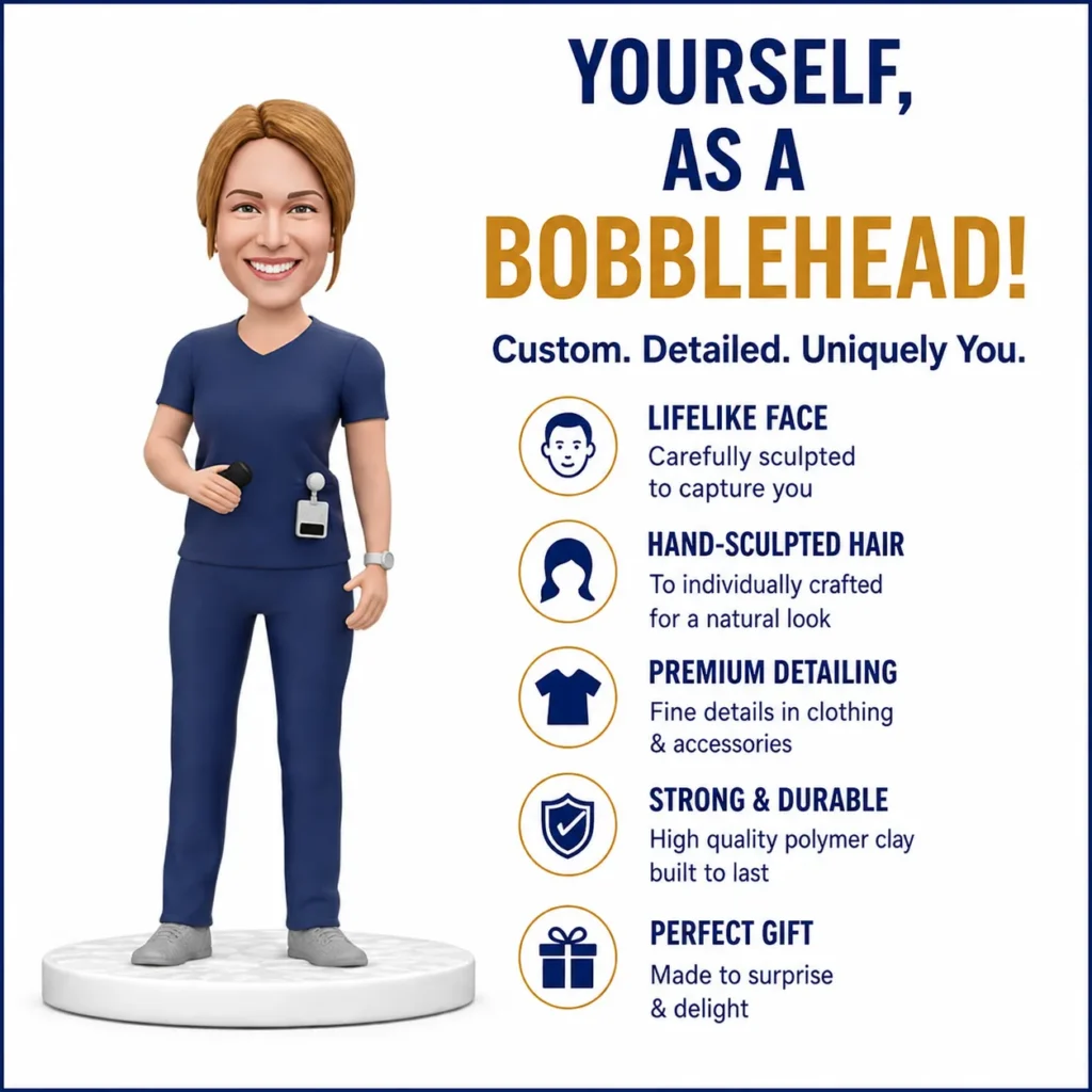 3D bobblehead figure of a healthcare worker beside a list of features: lifelike face, hand-sculpted hair, premium detailing, strong and durable, perfect gift.