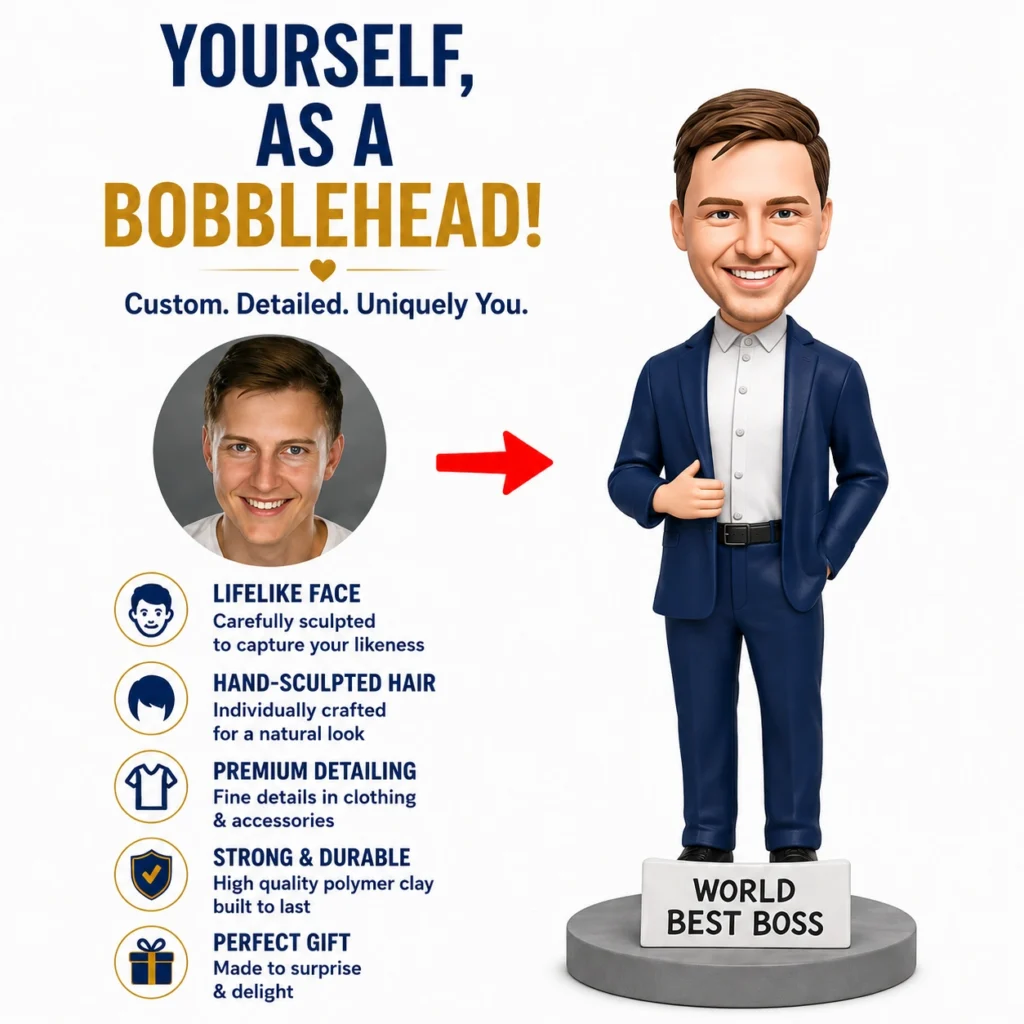 Advertisement for a bobblehead product: a smiling 3D man in a navy suit standing on a pedestal labeled 'WORLD BEST BOSS', with a real photo portrait and feature bullets on the left.