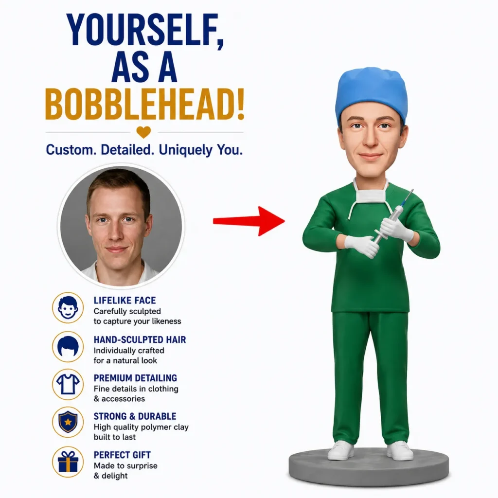 Advertisement showing 'Yourself as a bobblehead' with a real photo headshot on the left and a green-scrub cartoon surgeon on the right, plus feature bullets.