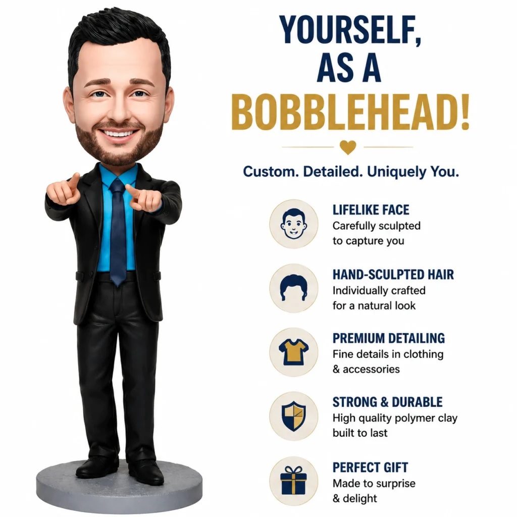 Infographic with a bobblehead figure on the left and feature bullets on the right: lifelike face, hand-sculpted hair, premium detailing, strong & durable, perfect gift.