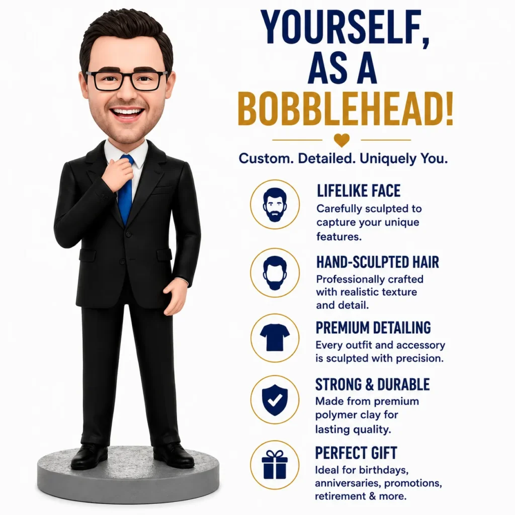 A cartoon bobblehead in a black suit and blue tie stands left of promotional text about custom, detailed bobbleheads and features like lifelike face and hand-sculpted hair.