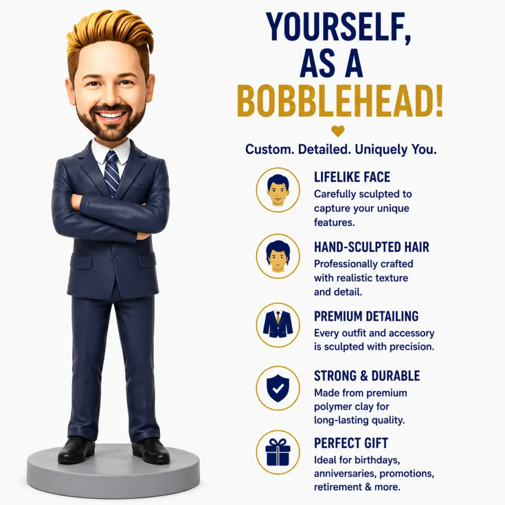 Bobblehead figure in a navy suit stands with arms crossed next to a list of product features and icons on a white background.