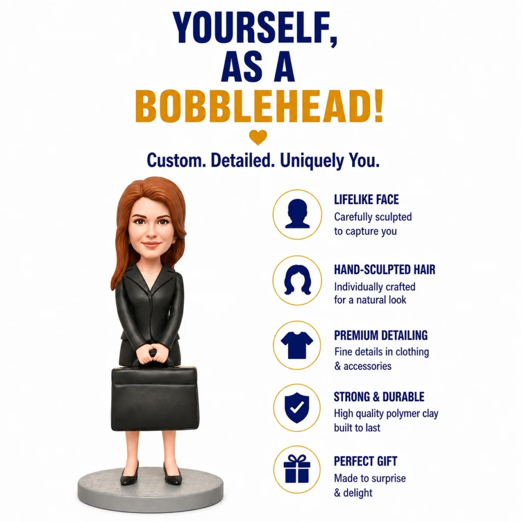 Bobblehead figure of a businesswoman with a briefcase, beside a list of features: lifelike face, hand-sculpted hair, premium detailing, strong and durable, perfect gift.