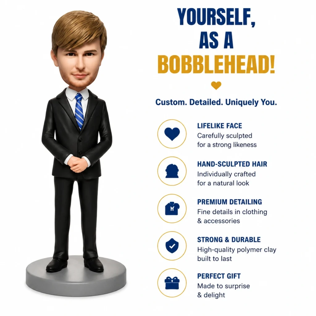 Custom bobblehead advertisement: a man in a black suit stands on the left, with a blue-and-gold headline and a right-side bulleted features list (lifelike face, hand-sculpted hair, premium detailing, strong & durable, perfect gift).