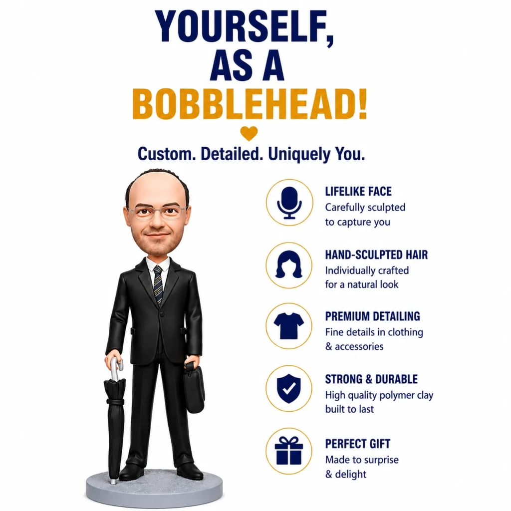 Bobblehead figure in a suit with umbrella and briefcase next to a list of product features: lifelike face, hand-sculpted hair, premium detailing, durable material, gifts.