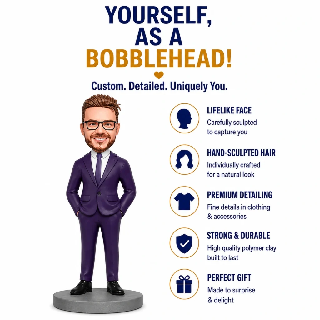 Promotional image of a cartoon bobblehead in a purple suit with a right-side list: lifelike face, hand-sculpted hair, premium detailing, strong & durable, perfect gift.