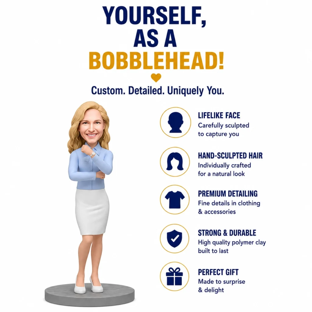 3D bobblehead figure of a smiling woman beside a right-side feature list: lifelike face, hand-sculpted hair, premium detailing, strong & durable, perfect gift