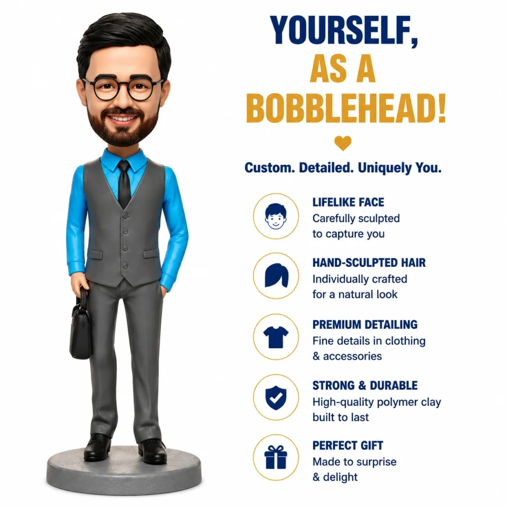 Bobblehead businessman in blue shirt and gray vest with briefcase, next to a list of features like lifelike face and premium detailing.