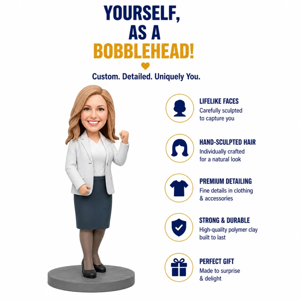 Custom bobblehead figurine of a smiling woman in a white blazer and navy skirt on a gray stand, with feature icons and text on the right.