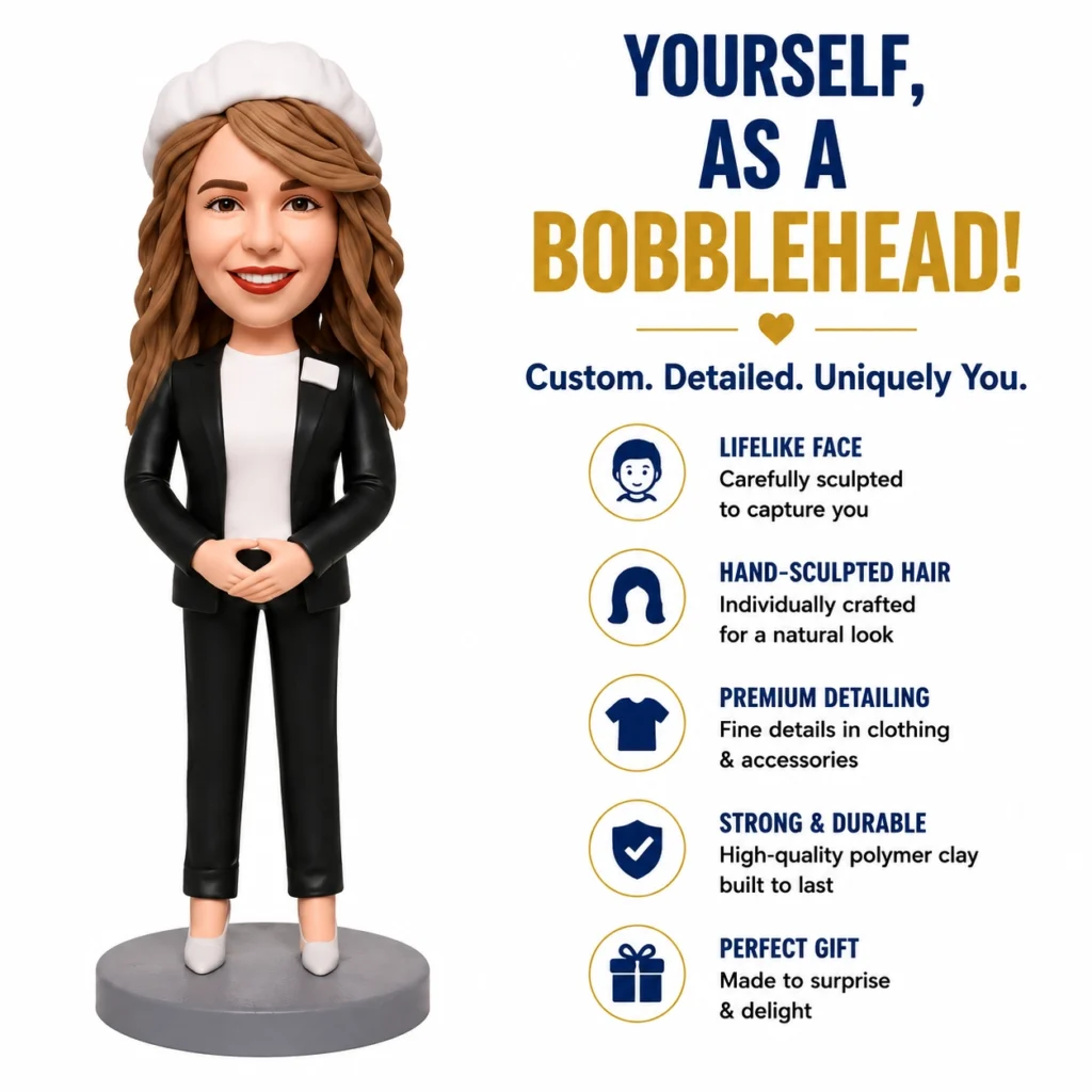 A personalized bobblehead figure of a woman in a chef hat and black suit, standing beside bold promotional text about custom details.