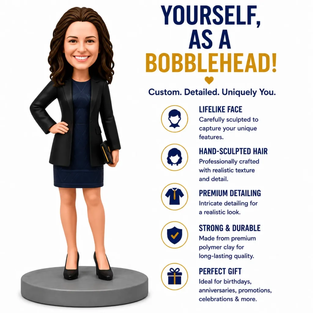3D female business bobblehead on a gray pedestal beside an ad listing custom, detailed features for bobbleheads.