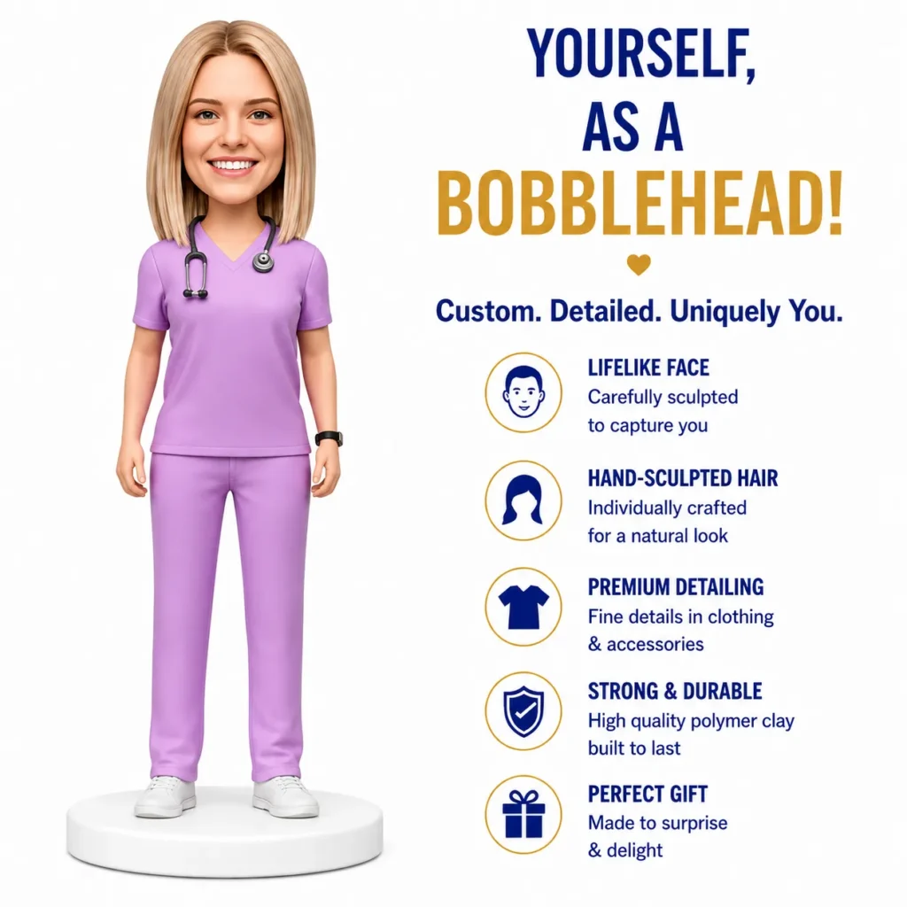3D female nurse bobblehead in lavender scrubs on a white pedestal with marketing text about custom details on the right side.