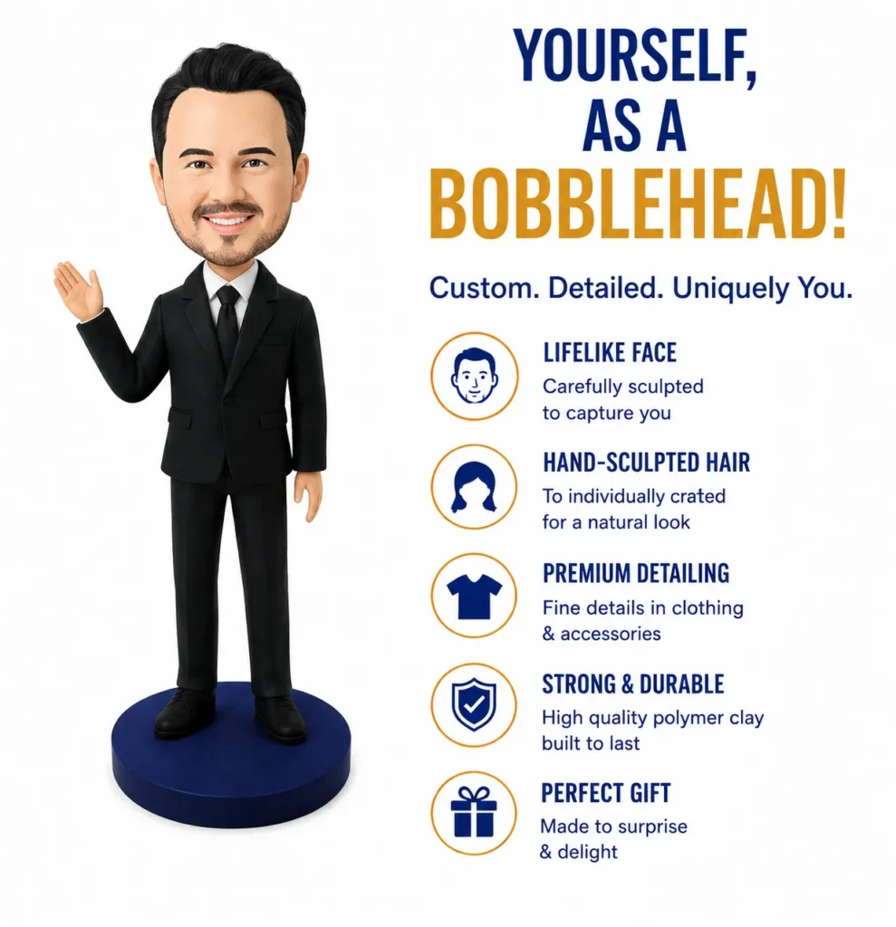 A male bobblehead in a black suit waves, standing on a blue base, with an infographic listing customization features on the right.
