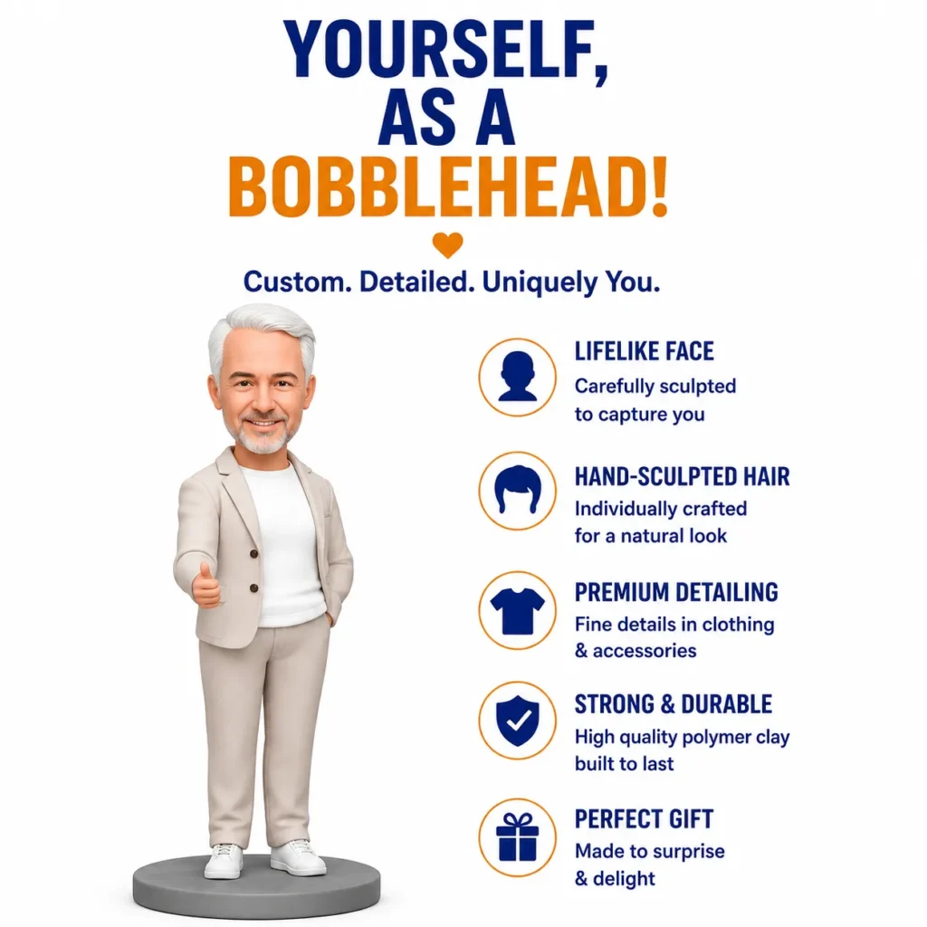 Custom bobblehead advertisement: a smiling man in a beige suit stands on a gray pedestal with a thumbs-up, beside a list of features (lifelike face, hand-sculpted hair, premium detailing, strong & durable, perfect gift).