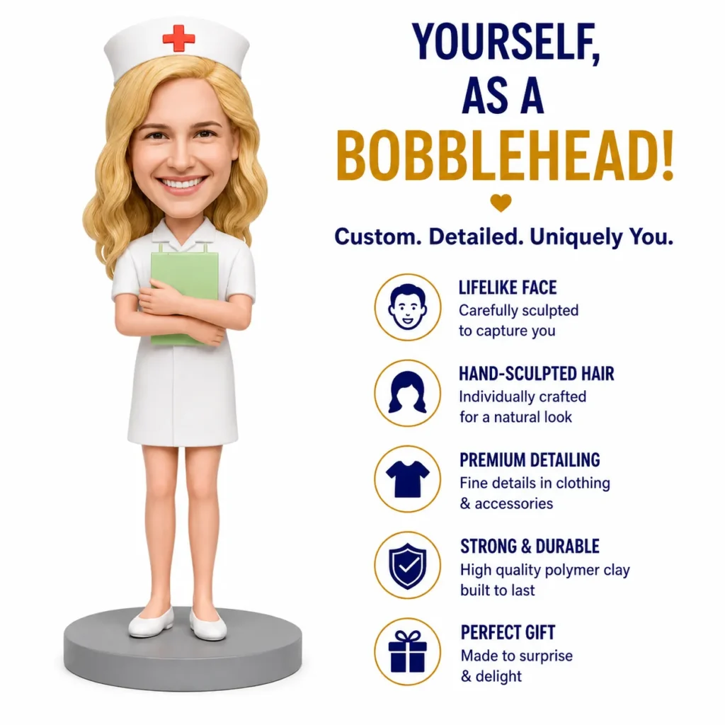 Bobblehead nurse holding a green folder beside bold text 'YOURSELF, AS A BOBBLEHEAD!' and a list of features like lifelike face and premium detailing (ad-style).