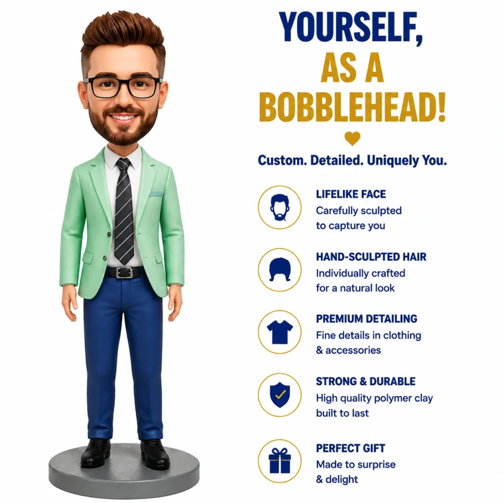 Bobblehead figure in a mint blazer stands left of a feature list promoting custom bobbleheads and their details like lifelike face and hand-sculpted hair.