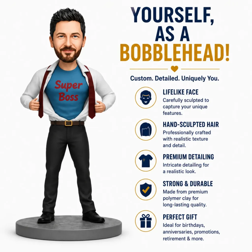 3D bobblehead figure labeled 'Super Boss' standing on a pedestal beside a marketing infographic titled 'Yourself, as a Bobblehead!' with feature bullets and icons.