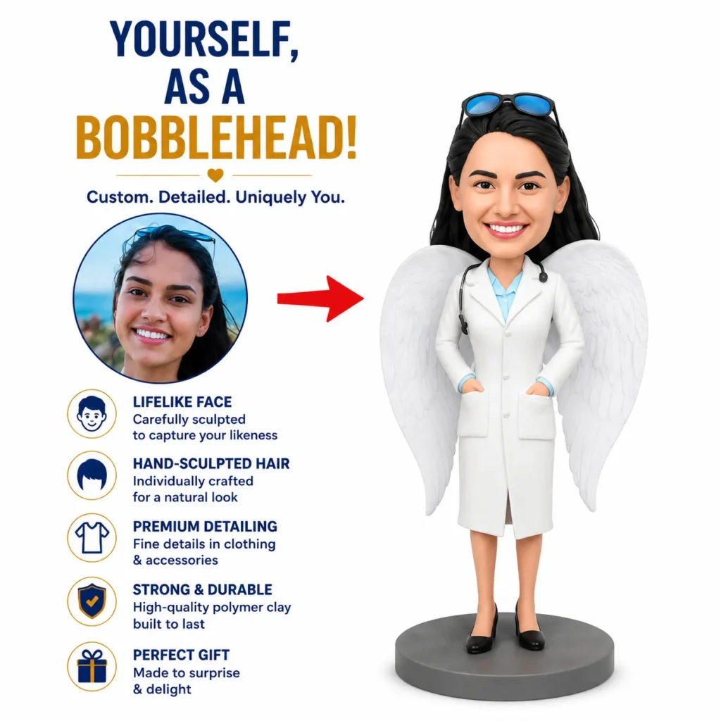 Advertisement for a custom bobblehead: real photo on the left of a smiling woman and a winged doctor bobblehead on the right; bullet points include lifelike face, hand-sculpted hair, premium detailing, strong & durable material, and perfect gift.