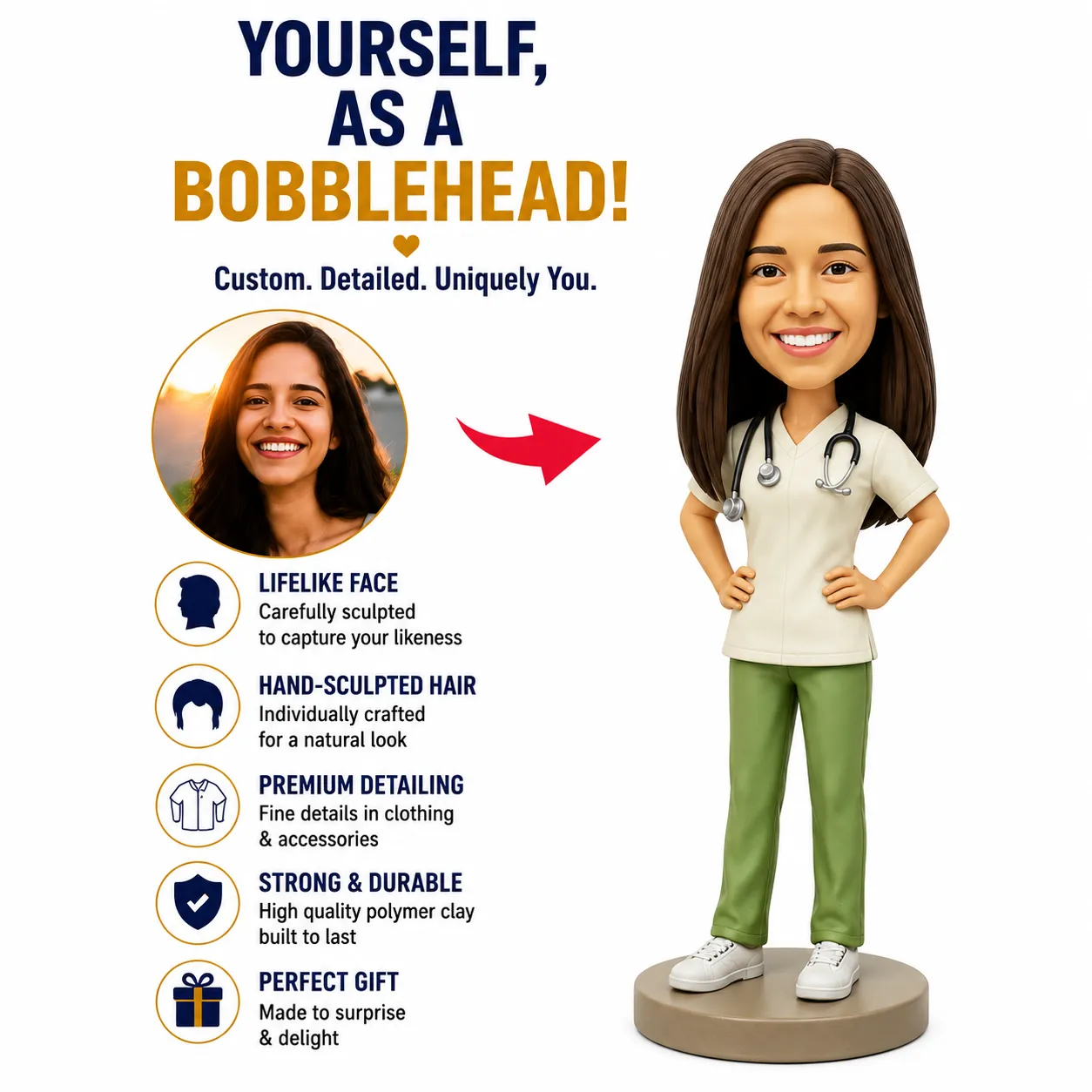 Infographic promoting a custom bobblehead: a photo turned into a lifelike doctor bobblehead with feature bullets on the left side.