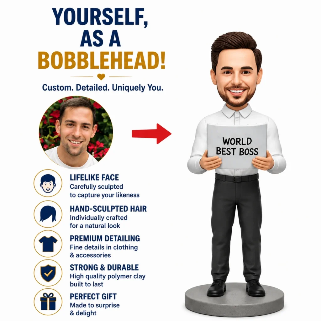 Custom bobblehead advertisement: photo on the left transforms into a 3D figurine on the right holding a 'World Best Boss' sign, with features listed on the left.