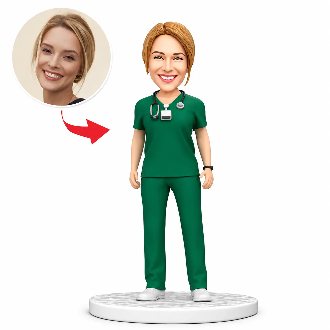 3D cartoon nurse in green scrubs standing on a pedestal, with a circular portrait of a woman indicating an avatar update.