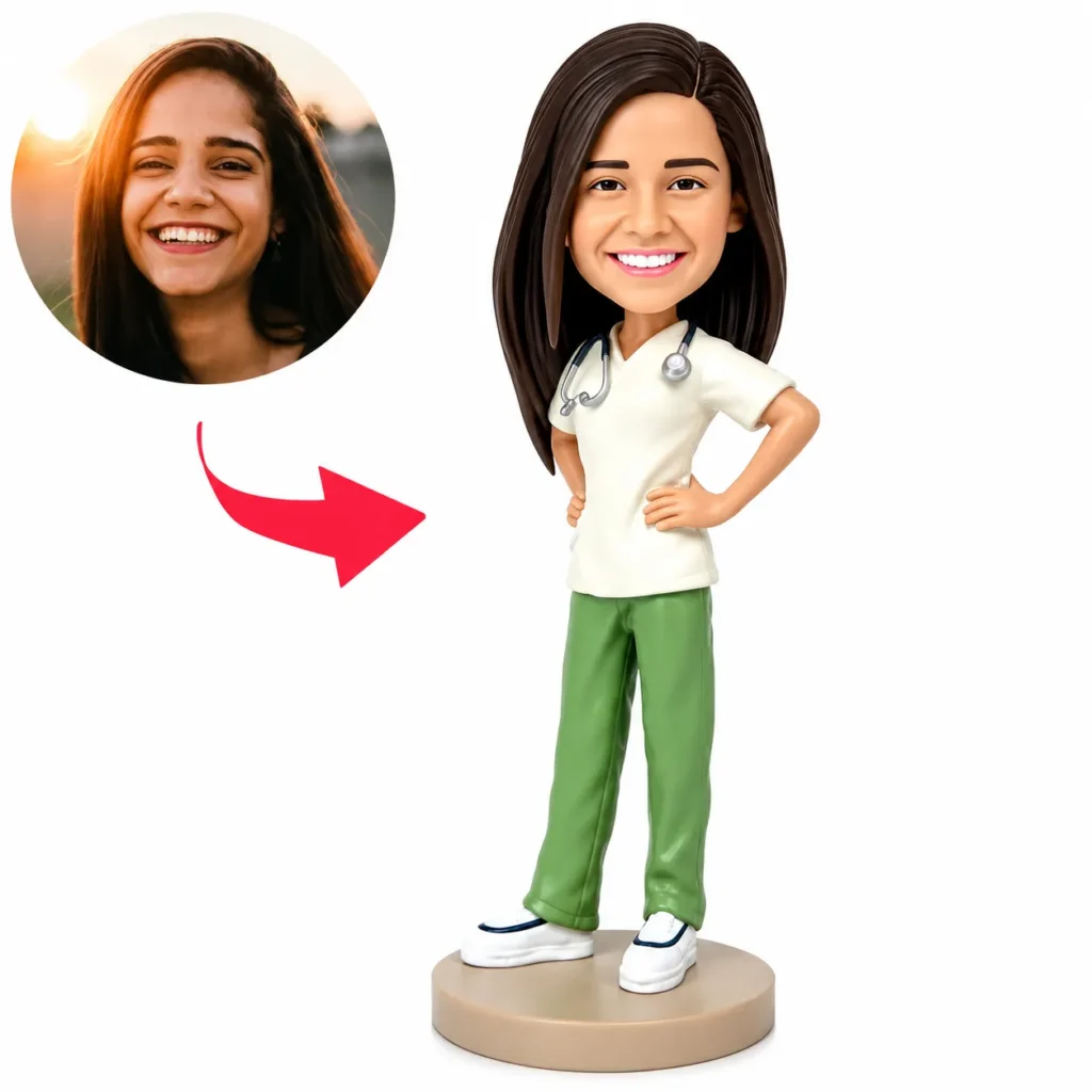 Cartoon nurse figurine with stethoscope on a round pedestal; left shows a smiling woman photo with a red arrow pointing to the figure, indicating a transformation.