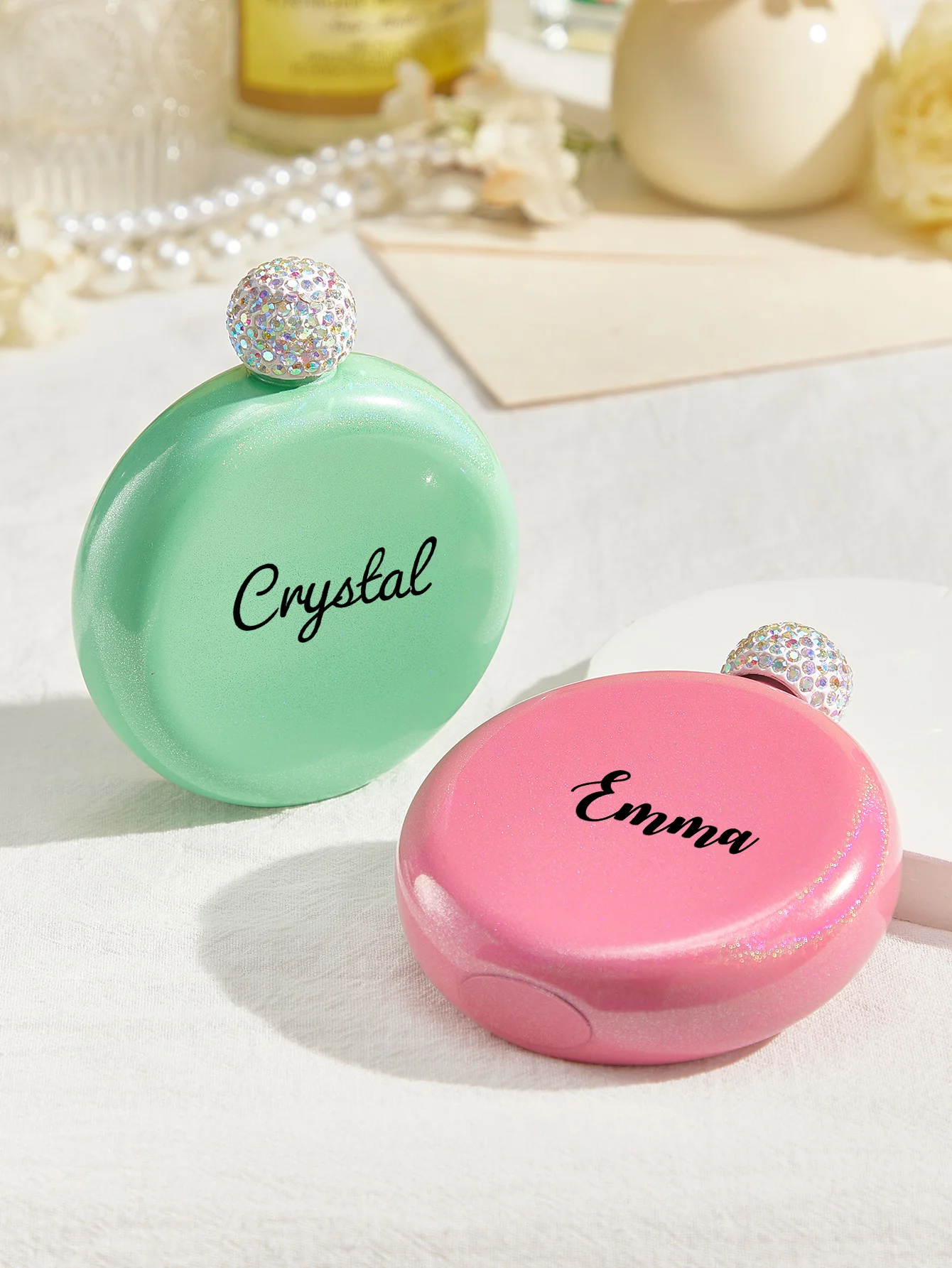 Bridesmaid gift personalized glitter round flask