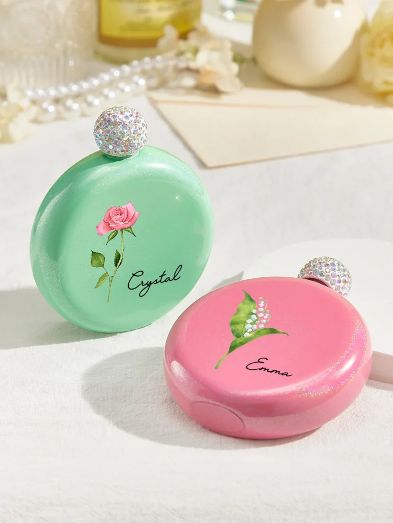 5oz glitter birth flower round flask with custom name for bridesmaid gift or wedding keepsake