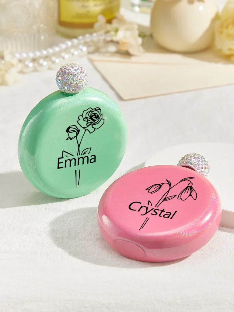 custom 5oz glitter flask with engraved birth flower and name for her birthday or wedding gift