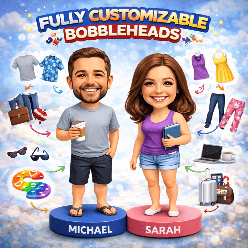 Two cartoon bobbleheads stand on labeled bases, Michael and Sarah. They’re surrounded by icons of clothes, accessories, and hobbies, illustrating full customization options. The background is bright and cheerful. Australia