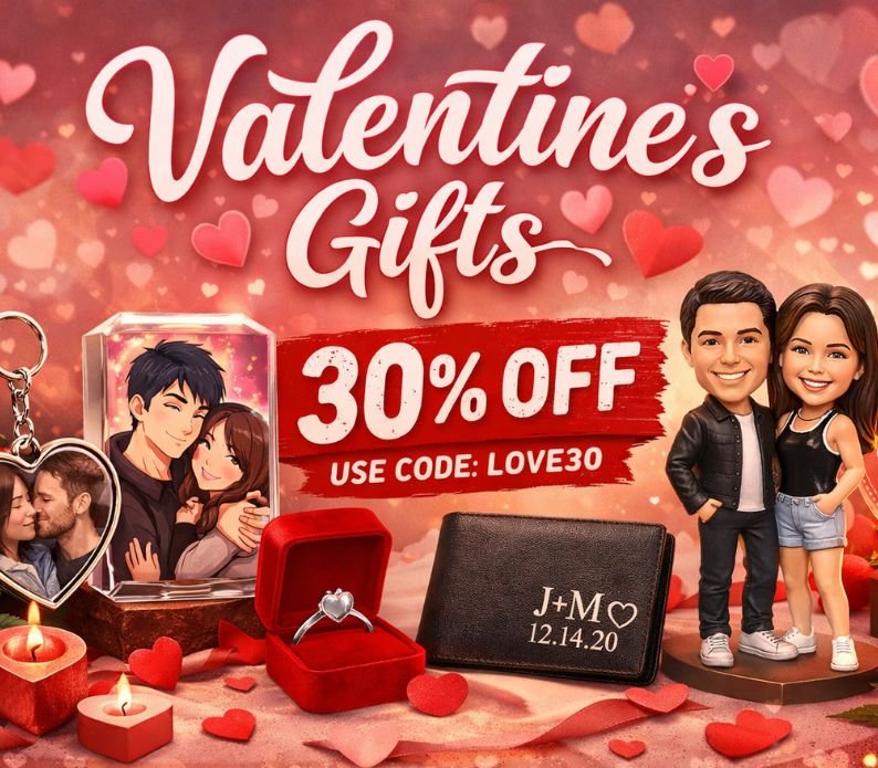Valentine’s Day gift sale ad with 30% off using code LOVE30, featuring personalized gifts like keychains, figurines, a photo crystal, a ring in a red box, and a black wallet with initials and a date. Hearts and candles decorate the scene. Australia