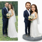 Wedding couple in a white gown and navy suit posing; outdoor portrait on the left and a studio cutout on a pedestal on the right, both holding a bouquet.