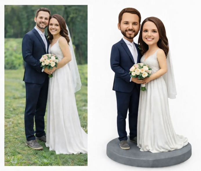 s9 - Personalized Gifts For All Occasions Gift Supplier Wedding couple in a white gown and navy suit posing; outdoor portrait on the left and a studio cutout on a pedestal on the right, both holding a bouquet.
