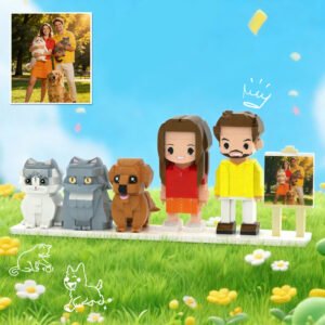 Custom Full Body Brick Figures with Pets & Frame – Personalised Photo Gift for Couples