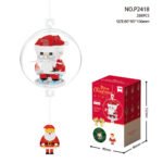 Clear plastic globe ornament housing a Santa Claus LEGO figure, with a string hanger above and a Santa charm dangling below.