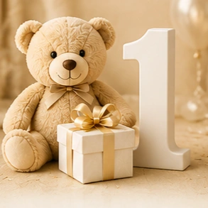 Cream-colored teddy bear sits beside a gift box wrapped with a gold ribbon and a large white number '1', suggesting a first birthday.
