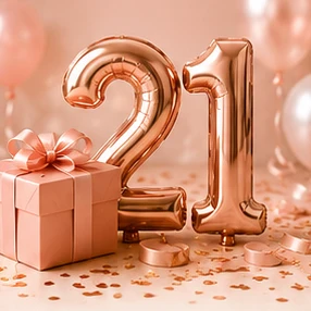 Rose-gold '21' balloons with a pink gift box and confetti for New Year's celebration.