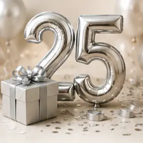 Silver foil '25' balloons with a small gift box, celebrating a 25th anniversary or birthday.