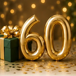 Golden foil 60 balloons beside a gift box, signaling a 60th birthday celebration.