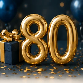 Gold foil balloons shaped like the number 80 with a navy gift box and confetti on a dark backdrop.
