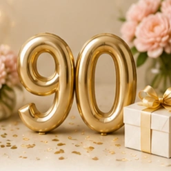 Gold '90' numerals for a 90th birthday celebration, with a gift box and pink flowers in the background.