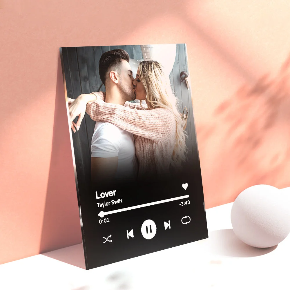 Poster-style image of a couple kissing with a music player UI showing the song 'Lover' by Taylor Swift and playback controls.