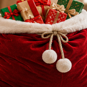 Red velvet Santa sack with white fur trim, tied with rope, filled with colorful wrapped gifts