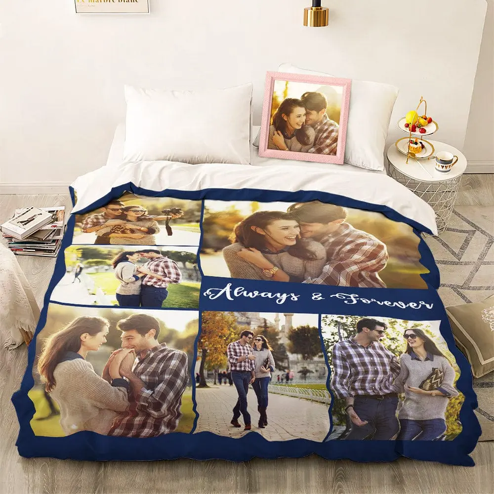 Bed covered by a blue-bordered photo-collage blanket featuring a couple and the words 'Always & Forever' in the center frame and surrounding photos.