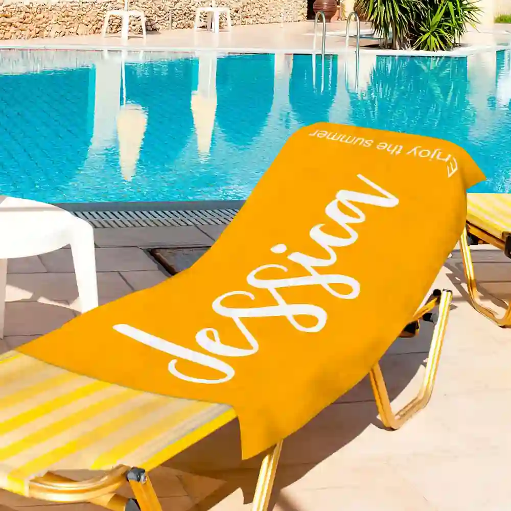 Orange lounge chair by a pool with a yellow-striped towel and the white script text 'enjoy the summer'.