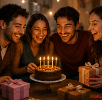Four friends gathered around a chocolate birthday cake with lit candles, smiling and celebrating with wrapped gifts nearby.