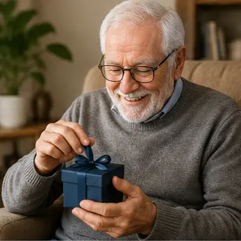 Smiling older man with glasses opening a blue gift box with a bow indoors.