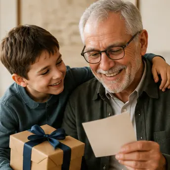 Grandfather and young boy smiling as they read a card, the boy holding a wrapped gift with a blue ribbon.